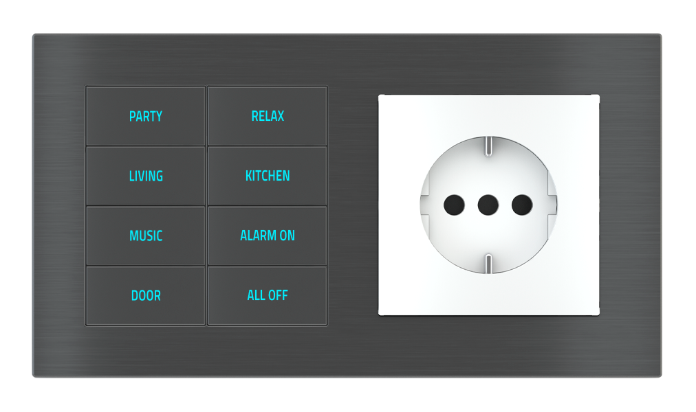 EKINEX Pulsante 8 tasti con testi/simboli retroilluminati, sensore di prossimità con componente di serie civile per placca a 2 posti (modulo 60x55 mm)