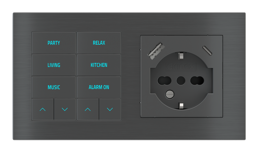 EKINEX Pulsante 10 tasti con testi/simboli retroilluminati, sensore di prossimità e presa elettrica per placca a 2 posti (modulo 60x55 mm) - IT USB