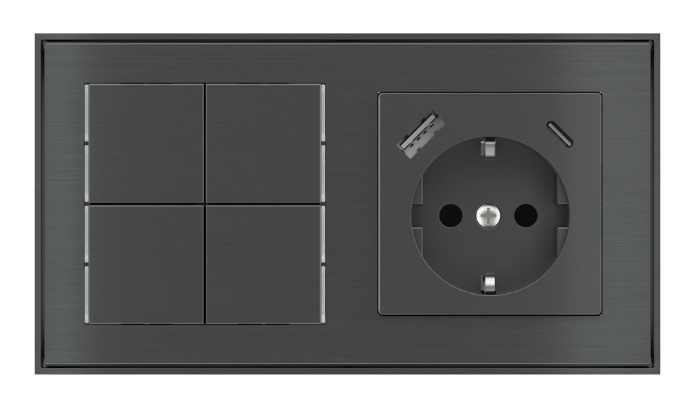 EKINEX Pulsante Basic (NO LED) e presa elettrica per placca a 2 posti (modulo 60x55 mm)  - Schuko USB