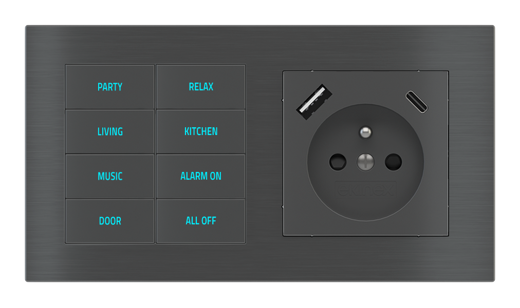 EKINEX Pulsante 8 tasti con testi/simboli retroilluminati, sensore di prossimità e presa elettrica per placca a 2 posti (modulo 60x55 mm) - FR USB