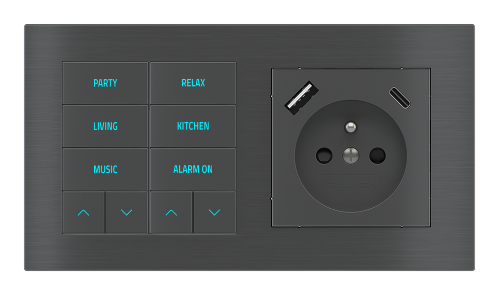 EKINEX Pulsante 10 tasti con testi/simboli retroilluminati, sensore di prossimità e presa elettrica per placca a 2 posti (modulo 60x55 mm) - FR USB