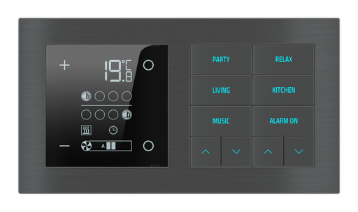 [298EK-E73-TP | EK-E2E-TP-10] EKINEX Termostato ambiente e pulsante 10 tasti con testi/simboli retroilluminati e sensore di prossimità per placca a 2 posti