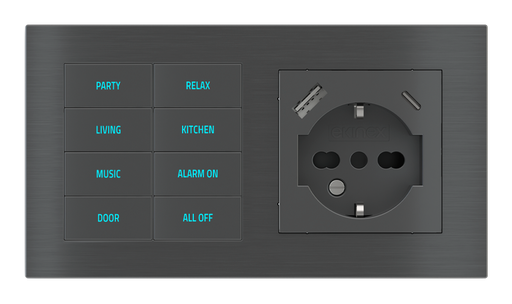 [355EK-E2E-TP-8 | EK-PWS-IT-USB] EKINEX Pulsante 8 tasti con testi/simboli retroilluminati, sensore di prossimità e presa elettrica per placca a 2 posti (modulo 60x55 mm) - IT USB