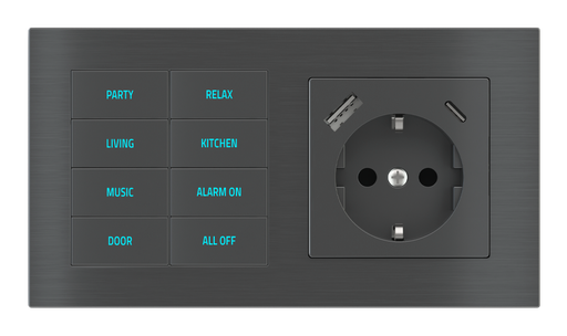[357EK-E2E-TP-8 | EK-PWS-DE-USB] EKINEX Pulsante 8 tasti con testi/simboli retroilluminati, sensore di prossimità e presa elettrica per placca a 2 posti (modulo 60x55 mm) - Schuko USB