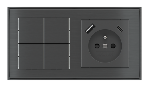 [519EK-E23-TP | EK-PWS-FR-USB] EKINEX Pulsante Basic (NO LED) e presa elettrica per placca a 2 posti (modulo 60x55 mm)  - FR USB