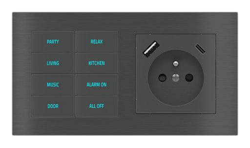 [521EK-E2E-TP-8 | EK-PWS-FR-USB] EKINEX Pulsante 8 tasti con testi/simboli retroilluminati, sensore di prossimità e presa elettrica per placca a 2 posti (modulo 60x55 mm) - FR USB