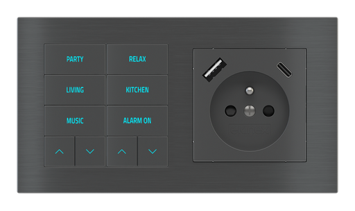 [523EK-E2E-TP-10 | EK-PWS-FR-USB] EKINEX Pulsante 10 tasti con testi/simboli retroilluminati, sensore di prossimità e presa elettrica per placca a 2 posti (modulo 60x55 mm) - FR USB