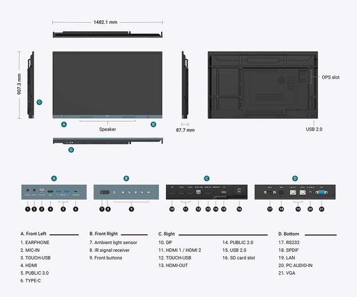 [TPLC001545] BENQ RE6504 Monitor smart board D-LED 65", 3840x2160, 450cd/mq